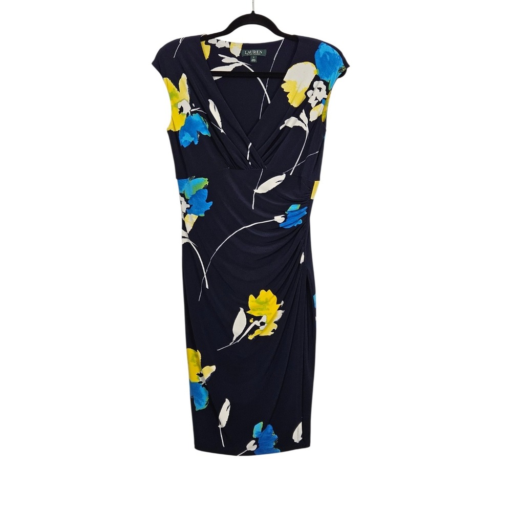 Lauren Ralph Lauren Sheath Dress Womens Sz 6 Navy Blue Floral Ruched Faux Wrap
